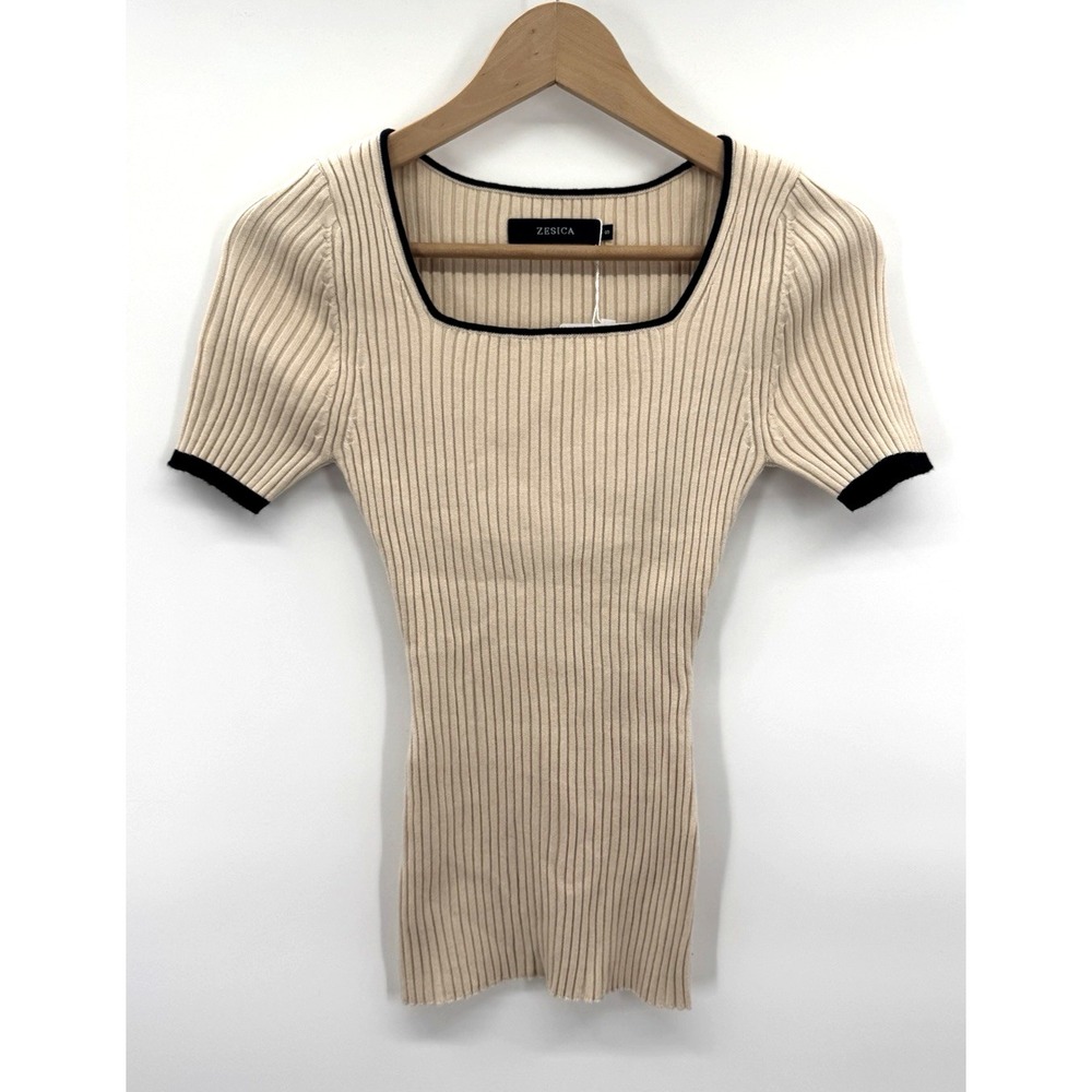 Y2K Womens Small Top Tan Ribbed Knit Slim 90s Fit Square Neck Black Trim Layers - Picture 1 of 7